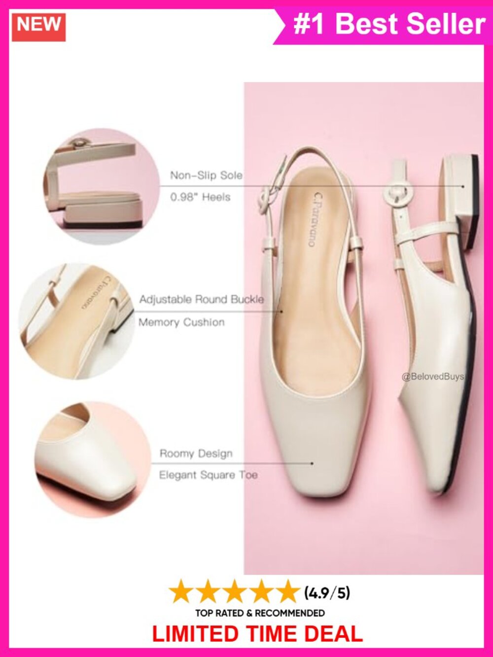 Square Toe Slingback Flats Soft Leather Buckle Ankle Strap Dressy Sandals